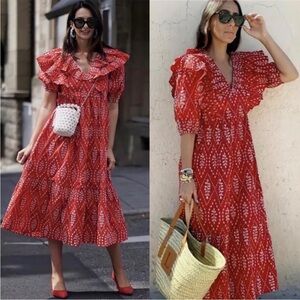 Zara Blogger Favorite Cutwork Embroidery Eyelet Ruffle Midi Dress Size Small